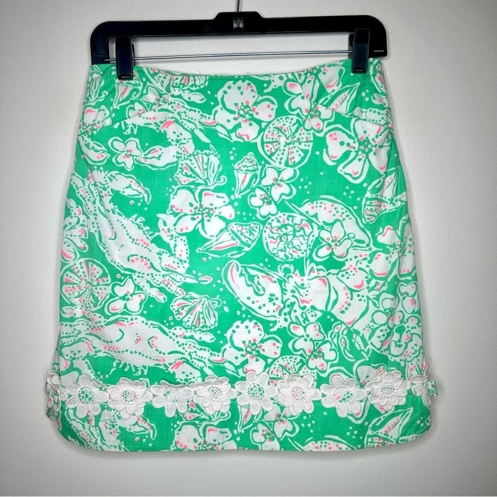 Lilly Pulitzer Beach Bash Corrie Green and White Mini Skirt Size 2